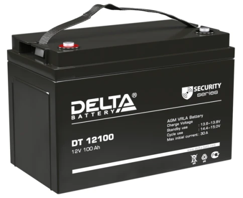 Батарея DELTA серия DT, DT 12100, напряжение 12В, емкость 100Ач (разряд 20 часов),  макс. ток разряда (5 сек.) 1000А, макс. ток заряда 30А, свинцово-кислотная типа AGM, клеммы под болт М8, ДxШxВ 330х173х215мм., вес 28.6кг., срок службы 7-10 лет./ Battery фото 1