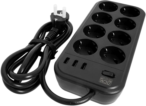 Фильтр-удлинитель PowerCom SP-08 USB03AB 3.0M, 8 розеток, черный, 16А, 4кВт, 175Дж, 3*USB, защитные шторки, защита от КЗ, перегрузки, ВЧ и импульсных помех, кабель 3x1 мм2, ШхГхВ 230х105х45 мм, вес 0.68 кг./ Surge protector PowerCom SP-08 USB03AB 3.0M, 8 фото 2
