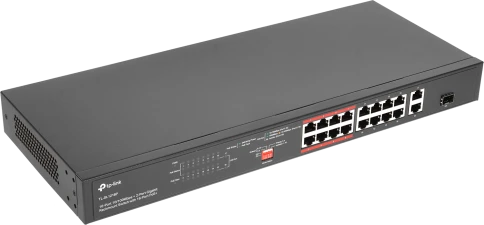Коммутатор/ 16-port 10/100Mbps unmanaged switch, 16 PoE+ ports, 1GB RJ-45 + 1 RJ-45/SFP combo slot, 150W PoE budget фото 1