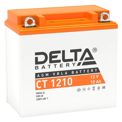Аккумуляторная батарея для мото-техники/ DELTA серия  CT, CT 1210, напряжение 12В, емкость 10 Ач (разряд 10 часов 10.5 В), пусковой ток: 100А, полярность обратная ( - +),  тип AGM;Pb (свинцово-кислотный), клеммы: BN под болт,  ДxШxВ 137x77x135мм., вес  2, фото 1