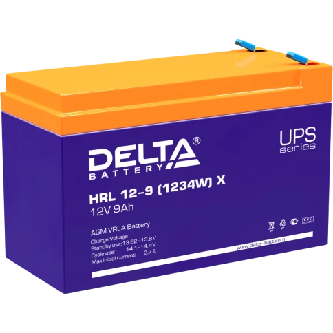 Батарея DELTA серия HRL-X, HRL 12-9 X, напряжение 12В, емкость 9Ач (разряд 10 часов),  макс. ток разряда (5 сек.) 135А, макс. ток заряда 2.7А, свинцово-кислотная типа AGM, клеммы F2, ДxШxВ 151х65х94мм., вес 2.55кг., срок службы 12 лет./ Battery DELTA seri фото 1