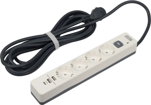 Сетевой фильтр-удлинитель/ PowerCom SP-01 USB2A1CW 3.0M, 4 розетки, белый, 16А, 4кВт, 380Дж, защитные шторки, защита от КЗ, перегрузки, ВЧ и импульсных помех, один порт USB-C(PD20W) и два USB-A(QC3.0) суммарной мощностью 24Вт, кабель 3x1.5 мм2, ШхГхВ 281х фото 4