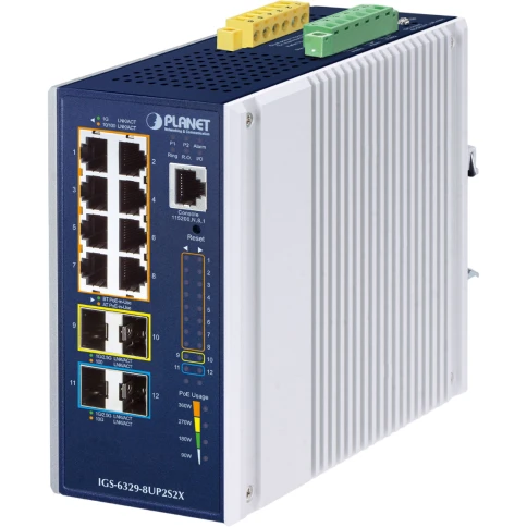 коммутатор/ PLANET IGS-6329-8UP2S2X IP30 DIN-rail Industrial L3 8-Port 10/100/1000T 802.3bt PoE + 2-port 1G/2.5G SFP + 2-Port 10G SFP+ Full Managed Switch (-40 to 75 C, 8-port 95W PoE++, 802.3bt/PoH/Force modes, DIDO, ERPS Ring, 1588 PTP TC, Modbus TCP, O фото 1