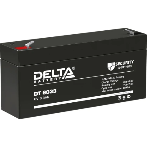 Батарея DELTA серия DT, DT 6033 (125mm), напряжение 6В, емкость 3.3Ач (разряд 20 часов),  макс. ток разряда (5 сек.) 50А, макс. ток заряда 0.99А, свинцово-кислотная типа AGM, клеммы F1, ДxШxВ 125х33х61мм., вес 0.64кг., срок службы 5 лет./ Battery DELTA se фото 1