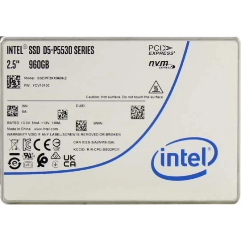 Твердотельный накопитель/ Intel SSD D5-P5530 Series, 960GB, U.2(2.5" 15mm), NVMe, PCIe 4.0 x4, TLC, R/W 5500/1600MB/s, IOPs 300 000/75 000, TBW 1700, DWPD1 (12 мес.) фото 1