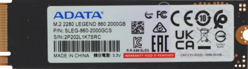 Твердотельный накопитель/ ADATA SSD LEGEND 860, 2000GB, M.2(22x80mm), NVMe 1.4, PCIe Gen 4x4, 3D NAND, R/W 6000/5000MB/s, IOPs н.д./н.д., TBW 640, DWPD 0.2 (5 лет) фото 1