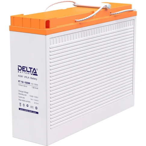 Батарея DELTA серия FT-M, FT 12-105 М, напряжение 12В, емкость 105Ач (разряд 10 часов),  макс. ток разряда (5 сек.) 900А, макс. ток заряда 31.5А, свинцово-кислотная типа AGM, клеммы под болт М8, ДxШxВ 395х110х286мм., вес 31.5кг., срок службы 10-12 лет./ B фото 1