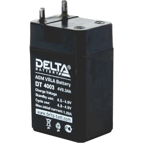 Батарея DELTA серия DT, DT 4003, напряжение 4В, емкость 0.3Ач (разряд 20 часов), макс. ток заряда 0.09А, свинцово-кислотная типа AGM, клеммы вывод под пайку5мм., ДxШxВ 26х21х40мм., 0.045кг., срок службы 5 лет./ Battery DELTA series DT, DT 4003, voltage 4V фото 1