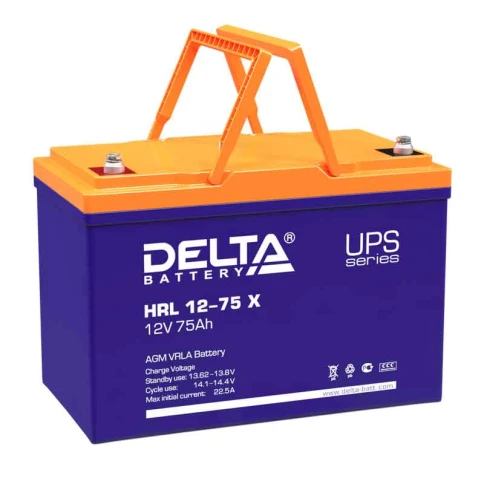 Батарея DELTA серия HRL-X, HRL 12-75 X, напряжение 12В, емкость 75Ач (разряд 10 часов),  макс. ток разряда (5 сек.) 700А, макс. ток заряда 22.5А, свинцово-кислотная типа AGM, клеммы под болт М6, ДxШxВ 258х166х210мм., вес 23.8кг., срок службы 12 лет./ Batt фото 1
