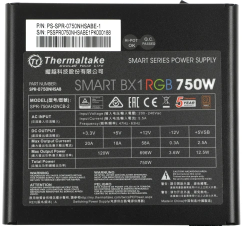 Блок питания Thermaltake ATX 750W Smart BX1 RGB 80+ bronze (20+4pin) APFC 120mm fan color LED 8xSATA RTL [PS-SPR-0750NHSABE-1] фото 15