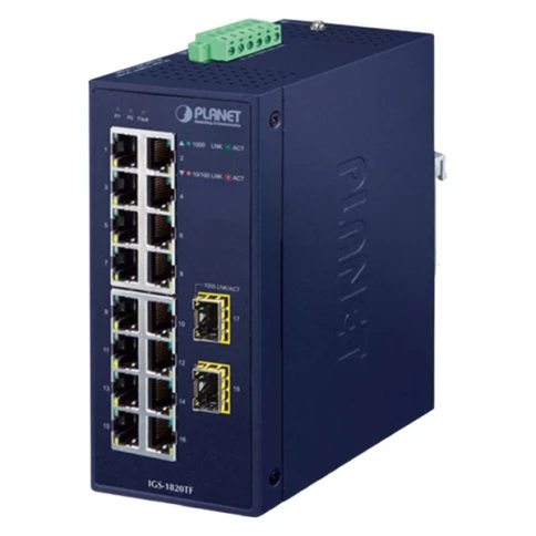 коммутатор/ PLANET IGS-1820TF IP30 Industrial 16-Port 10/100/1000T + 2-Port 1000X SFP Gigabit Ethernet Switch (-40~75 degrees C, dual 12~48V DC/24V AC) фото 1