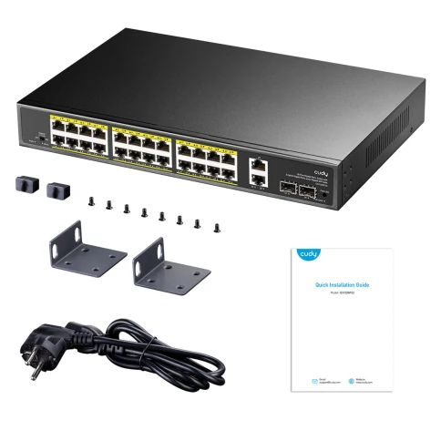 Коммутатор/ 24-10/100/1000 BASE-T Gigabit ports, 2-Port 10/100/1000 BASE-T Gigabit Uplink ports, 2-1000 BASE-X SFP Slot, 24-port IEEE 802.3at PoE+ Injector, 300 watts total Power budget, Supports PoE power up to 30W for each PoE port, Extend Mode (Transmi фото 4