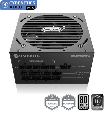 Блоки питания/ Power Supply Raijintek AMPERE II 1000, 1000W 80+ Platinum (ATX, 3.1, PCIe 5.1, Full-modular, 1x24(20+4)pin, 2x4+4-pin CPU, 3x6+2-pin PCIe, 1x12V(2x6), 10xSATA3, 5xMolex, Active, 120x120mm, 150x140x86mm, APFC, black) фото 4