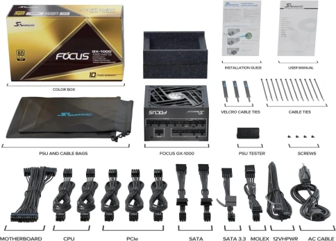 Блок питания Seasonic ATX 1000W Focus GX-1000 80+ gold (20+4pin) APFC 135mm fan 10xSATA Cab Manag RTL [GX-1000 V4 SRP-FGX102-A5A32SF] фото 9