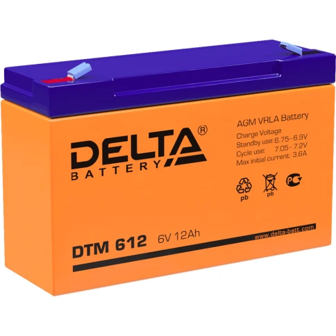 Батарея DELTA серия DTM, DTM 612, напряжение 6В, емкость 12Ач (разряд 20 часов),  макс. ток разряда (5 сек.) 150А, макс. ток заряда 3.45А, свинцово-кислотная типа AGM, клеммы F1, ДxШxВ 151х50х94мм., вес 1.7кг., срок службы 6 лет./ Battery DELTA series DTM фото 1