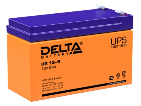 Батарея DELTA серия HR, HR 12-9, напряжение 12В, емкость 9Ач (разряд 20 часов),  макс. ток разряда (5 сек.) 135А, макс. ток заряда 2.7А, свинцово-кислотная типа AGM, клеммы F2, ДxШxВ 151х65х94мм., вес 2.78кг., срок службы 8 лет./ Battery DELTA series HR, фото 1