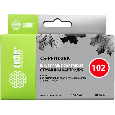 -/ Картридж струйный Cactus CS-PFI102BK черный (130мл) для Canon iPF500/iPF600/iPF700/ MFP M40/iPF765/L фото 1