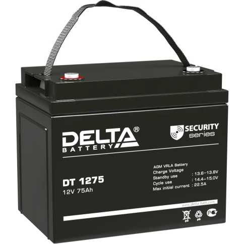 Батарея DELTA серия DT, DT 1275, напряжение 12В, емкость 75Ач (разряд 20 часов),  макс. ток разряда (5 сек.) 870А, макс. ток заряда 22.5А, свинцово-кислотная типа AGM, клеммы под болт М6, ДxШxВ 260х168х211мм., вес 21.5кг., срок службы 7-10 лет./ Battery D фото 1