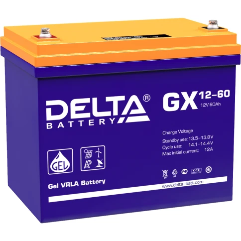 Батарея DELTA серия GX, GX 12-60, напряжение 12В, емкость 60Ач (разряд 20 часов),  макс. ток разряда (5 сек.) 600А, макс. ток заряда 11.88А, свинцово-кислотная типа GEL, клеммы под болт М6, ДxШxВ 258х166х206мм., вес 23кг., срок службы 15 лет./ Battery DEL фото 1