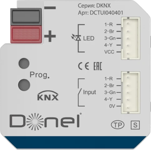Donel KNX Универсальный интерфейс , 4 канала, 12 В DC Могут индивидуально параметрироваться как входы или выходы, длина шины до 10м, вход 20 В DC, 5 мА, выход 12 В DC, макс. 2,5 мА, 4 входа 4 выхода, Cерия DKNX фото 1
