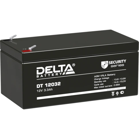 Батарея DELTA серия DT, DT 12032, напряжение 12В, емкость 3.3Ач (разряд 20 часов),  макс. ток разряда (5 сек.) 54А, макс. ток заряда 0.96А, свинцово-кислотная типа AGM, клеммы F1, ДxШxВ 134х67х61мм., вес 1.35кг., срок службы 5 лет./ Battery DELTA series D фото 1