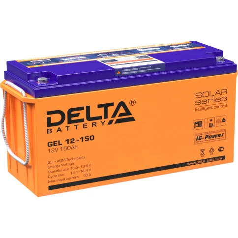 Батарея DELTA серия GEL, GEL 12-150, напряжение 12В, емкость 150Ач (разряд 10 часов),  макс. ток разряда (5 сек.) 1000А, макс. ток заряда 30А, свинцово-кислотная типа AGM+GEL, клеммы под болт М8, ДxШxВ 484х170х241мм., вес 48.1кг., LCD, срок службы 10-12 л фото 1