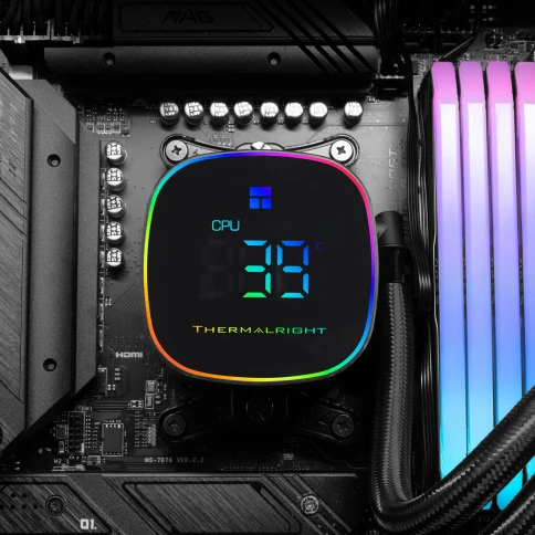 Система жидкостного охлаждения/ Water Cooling System Thermalright Frozen Horizon 360 Digital (360mm, LED temp., Black, ARGB/ Fans: 3x120mm, 68.9CFM, 28.2dBA, 2000RPM/ Pump height 53.2mm, Rad thickness 27mm/ S: 1700, 1200, 1851, 115X, AM5, AM4) фото 7