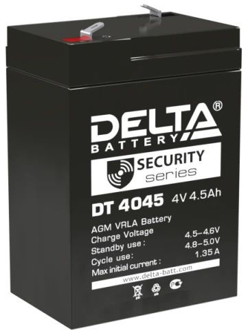 Батарея DELTA серия DT, DT 4045, напряжение 4В, емкость 4.5Ач (разряд 20 часов),  макс. ток разряда (5 сек.) 60А, макс. ток заряда 1.35А, свинцово-кислотная типа AGM, клеммы F1, ДxШxВ 70х47х101мм., вес 0.5кг., срок службы 5 лет./ Battery DELTA series DT, фото 1
