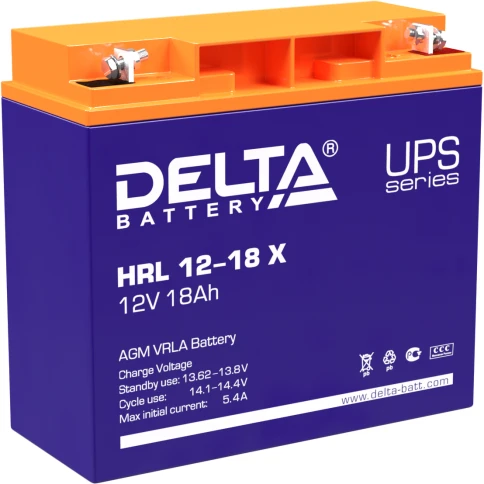 Батарея DELTA серия HRL-X, HRL 12-18 X, напряжение 12В, емкость 18Ач (разряд 10 часов),  макс. ток разряда (5 сек.) 230А, макс. ток заряда 5.4А, свинцово-кислотная типа AGM, клеммы под гайку и болт M6, ДxШxВ 181х77х167мм., вес 6.2кг., срок службы 12 лет./ фото 1