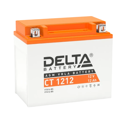 Аккумуляторная батарея для мото-техники/ DELTA серия  CT, CT 1212, напряжение 12В, емкость 12 Ач (разряд 10 часов 10.5 В), пусковой ток: 180А, полярность обратная ( - +),  тип AGM;Pb (свинцово-кислотный), клеммы: BN под болт,  ДxШxВ 150x86x131мм., вес  3, фото 1