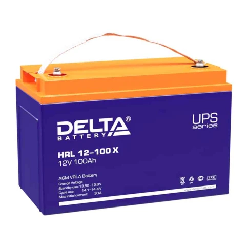 Батарея DELTA серия HRL-X, HRL 12-100 X, напряжение 12В, емкость 100Ач (разряд 10 часов),  макс. ток разряда (5 сек.) 900А, макс. ток заряда 30А, свинцово-кислотная типа AGM, клеммы под болт М6, ДxШxВ 330х171х215мм., вес 33кг., срок службы 12 лет. фото 1