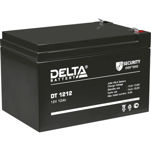 Батарея DELTA серия DT, DT 1212, напряжение 12В, емкость 12Ач (разряд 20 часов),  макс. ток разряда (5 сек.) 165А, макс. ток заряда 3.6А, свинцово-кислотная типа AGM, клеммы F2, ДxШxВ 151х98х94мм., вес 3.6кг., срок службы 5 лет./ Battery DELTA series DT, фото 1