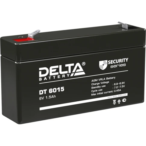 Батарея DELTA серия DT, DT 6015, напряжение 6В, емкость 1.5Ач (разряд 20 часов),  макс. ток разряда (5 сек.) 18А, макс. ток заряда 0.45А, свинцово-кислотная типа AGM, клеммы F1, ДxШxВ 97х24х51мм., вес 0.3кг., срок службы 5 лет./ Battery DELTA series DT, D фото 1