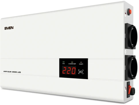 Стабилизатор SVEN AVR SLIM-2000 LCD, релейный, 1200вт, 2000Ва, 140-260в, функция «пауза», 1 евророзетка, 2.9 кг./ Stabilizer SVEN AVR SLIM-2000 LCD, Relay, 1200W, 2000VA, 140-260v, the function "pause", 2 outlets фото 1