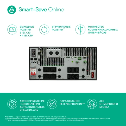 Systeme Electric Smart-Save Online SRT 6000 ВА, конвертируемый форм-фактор 5U, 230 В, 1:1, клеммный вход/выход, 6 розеток IEC C13 и 4 розетки  IEC C19,  SmartSlot, LCD, USB HID, SNMP карта, версия с возможностью увеличения времени автономии. фото 13