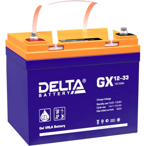 Батарея DELTA серия GX, GX 12-33, напряжение 12В, емкость 33Ач (разряд 20 часов),  макс. ток разряда (5 сек.) 330А, макс. ток заряда 6.5А, свинцово-кислотная типа GEL, клеммы под болт М6, ДxШxВ 195х130х155мм., вес 11кг., срок службы 15 лет./ Battery DELTA фото 1