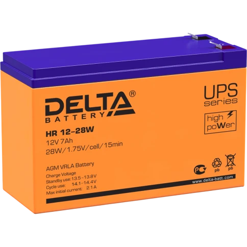 Батарея DELTA серия HR-W, HR 12-28 W, напряжение 12В, емкость 7Ач (разряд 20 часов),  макс. ток разряда (5 сек.) 140А, макс. ток заряда 2.1А, свинцово-кислотная типа AGM, клеммы F2, ДxШxВ 151х65х94мм., вес 2.2кг., срок службы 8 лет./ Battery DELTA series фото 1