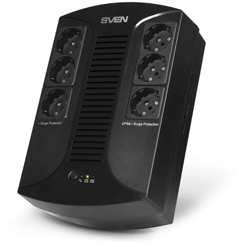 ИБП SVEN UP-L1000E, линейно-интерактивный, AVR, 1000ВА, 510Вт, 6 евро розеток 6*CEE7/4 (3х UPS/сетевой фильтр+3 x сетевой фильтр) , LED-индикация, черный, габариты 185 ? 280 ? 95мм, 5.9кг/ UPS SVEN UP-L1000E line-interactive, AVR, 1000VA, 510W, 6*CEE7/4 ( фото 1