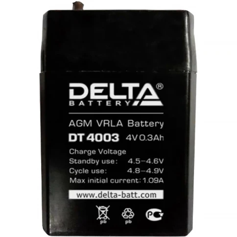 Батарея DELTA серия DT, DT 4003, напряжение 4В, емкость 0.3Ач (разряд 20 часов), макс. ток заряда 0.09А, свинцово-кислотная типа AGM, клеммы вывод под пайку5мм., ДxШxВ 26х21х40мм., 0.045кг., срок службы 5 лет./ Battery DELTA series DT, DT 4003, voltage 4V фото 2