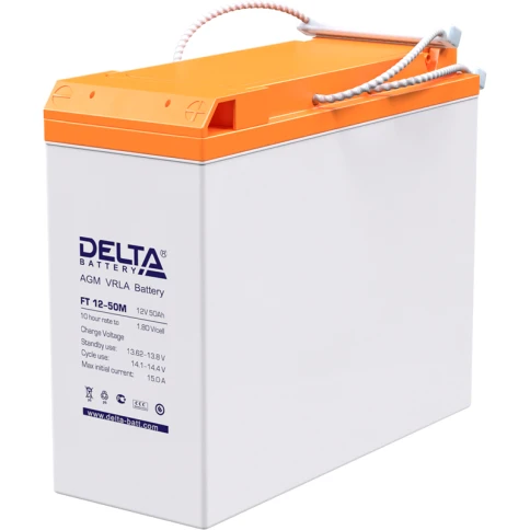 Батарея DELTA серия FT-M, FT 12-50 М, напряжение 12В, емкость 50Ач (разряд 10 часов),  макс. ток разряда (5 сек.) 500А, макс. ток заряда 15А, свинцово-кислотная типа AGM, клеммы под болт М6, ДxШxВ 277х106х222мм., вес 17кг., срок службы 10-12 лет./ Battery фото 1