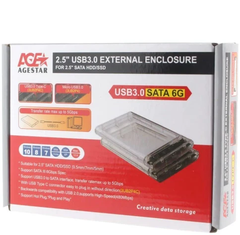 Внешний корпус для HDD/SSD AgeStar 3UB2P4C SATA III USB3.0 пластик прозрачный 2.5" [3UB2P4C] фото 3