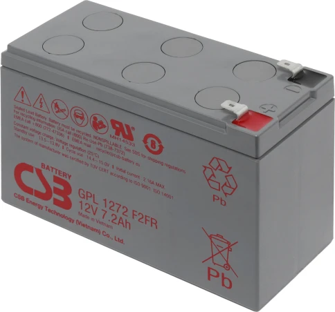 Батарея CSB серия GP, GPL1272 F2 FR, напряжение 12В, емкость 7.2Ач (разряд 20 часов), макс. ток разряда (5 сек.) 130А, ток короткого замыкания 265А, макс. ток заряда 2.16A, свинцово-кислотная типа AGM, клеммы F2, ДxШxВ 150.9x64.8x98.6мм., вес 2.6кг., срок фото 1