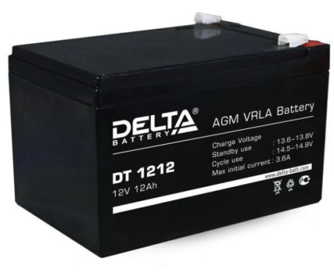 Батарея DELTA серия DT, DT 1212, напряжение 12В, емкость 12Ач (разряд 20 часов),  макс. ток разряда (5 сек.) 165А, макс. ток заряда 3.6А, свинцово-кислотная типа AGM, клеммы F2, ДxШxВ 151х98х94мм., вес 3.6кг., срок службы 5 лет./ Battery DELTA series DT, фото 1