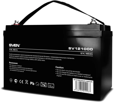 Батарея SVEN SV 121000 (12V 100Ah), напряжение 12В, емкость 100А*ч, макс. ток разряда 1000А, макс. ток заряда 30А, свинцово-кислотная типа AGM, тип клемм B5, Д/Ш/В 307/168/211мм, 30кг/ Battery SVEN SV 121000 (12V 100Ah), 12V voltage, 100A*h capacity, max. фото 2
