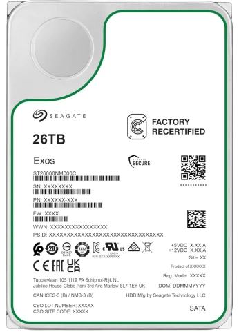 Жесткий диск/ HDD Seagate Exos  SATA 26Tb 7200 6Gb/s 512Mb OFFICIAL RECERTIFIED MTBF - 2.5M hrs 1 year warranty (replacement WUH722626ALE6L4, WD261KRYZ, WUH722624ALE6L4, WD241KRYZ, WD221KRYZ, ST24000NM002H) фото 1