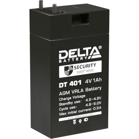 Батарея DELTA серия DT, DT 401, напряжение 4В, емкость 1Ач (разряд 20 часов), макс. ток заряда 0.3А, свинцово-кислотная типа AGM, клеммы вывод под пайку5мм., ДxШxВ 35х22х64мм., 0.1кг., срок службы 5 лет./ Battery DELTA series DT, DT 401, voltage 4V, capac фото 1
