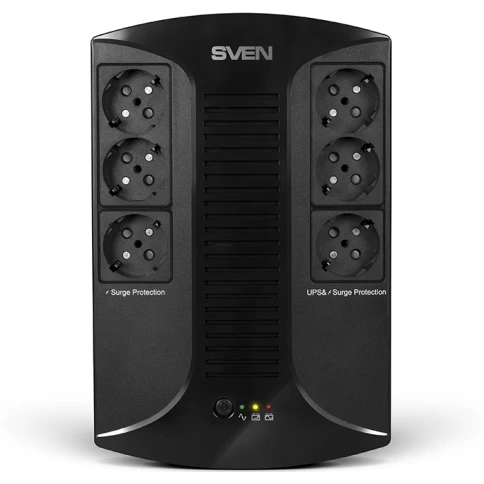 ИБП SVEN UP-L1000E, линейно-интерактивный, AVR, 1000ВА, 510Вт, 6 евро розеток 6*CEE7/4 (3х UPS/сетевой фильтр+3 x сетевой фильтр) , LED-индикация, черный, габариты 185 ? 280 ? 95мм, 5.9кг/ UPS SVEN UP-L1000E line-interactive, AVR, 1000VA, 510W, 6*CEE7/4 ( фото 2