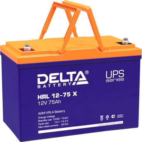 Батарея DELTA серия HRL-X, HRL 12-75 X, напряжение 12В, емкость 75Ач (разряд 10 часов),  макс. ток разряда (5 сек.) 700А, макс. ток заряда 22.5А, свинцово-кислотная типа AGM, клеммы под болт М6, ДxШxВ 258х166х210мм., вес 23.8кг., срок службы 12 лет./ Batt фото 1