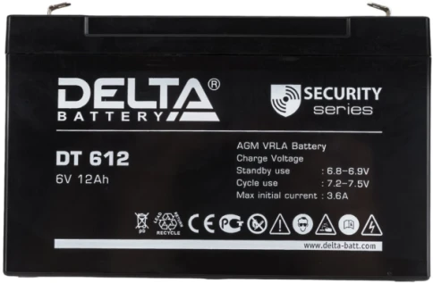 Батарея DELTA серия DT, DT 612, напряжение 6В, емкость 12Ач (разряд 20 часов),  макс. ток разряда (5 сек.) 150А, макс. ток заряда 3.6А, свинцово-кислотная типа AGM, клеммы F2, ДxШxВ 151х50х94мм., вес 1.6кг., срок службы 5 лет./ Battery DELTA series DT, DT фото 1