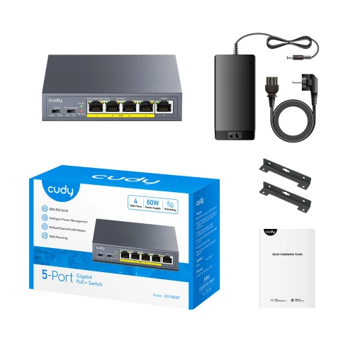 Коммутатор/ 5-Port 10/100/1000M PoE+ Switch 60W, 5 10/100/1000M ports with 4POE+ Ports Unmanaged Switch with UL power adapter IEEE802.3af / IEEE802.3at, Watchdog, 60W External фото 2